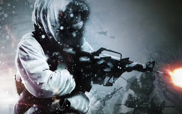 A dramatic HD wallpaper from Call of Duty: Black Ops, featuring a soldier in a snowy landscape, armed and ready amidst a backdrop of conflict and intense action.