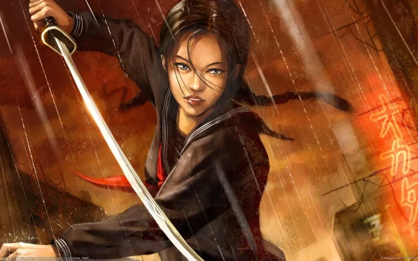 HD desktop wallpaper from the movie Blood: The Last Vampire (2009) featuring the fierce protagonist wielding a katana under a rainy, neon-lit night sky.