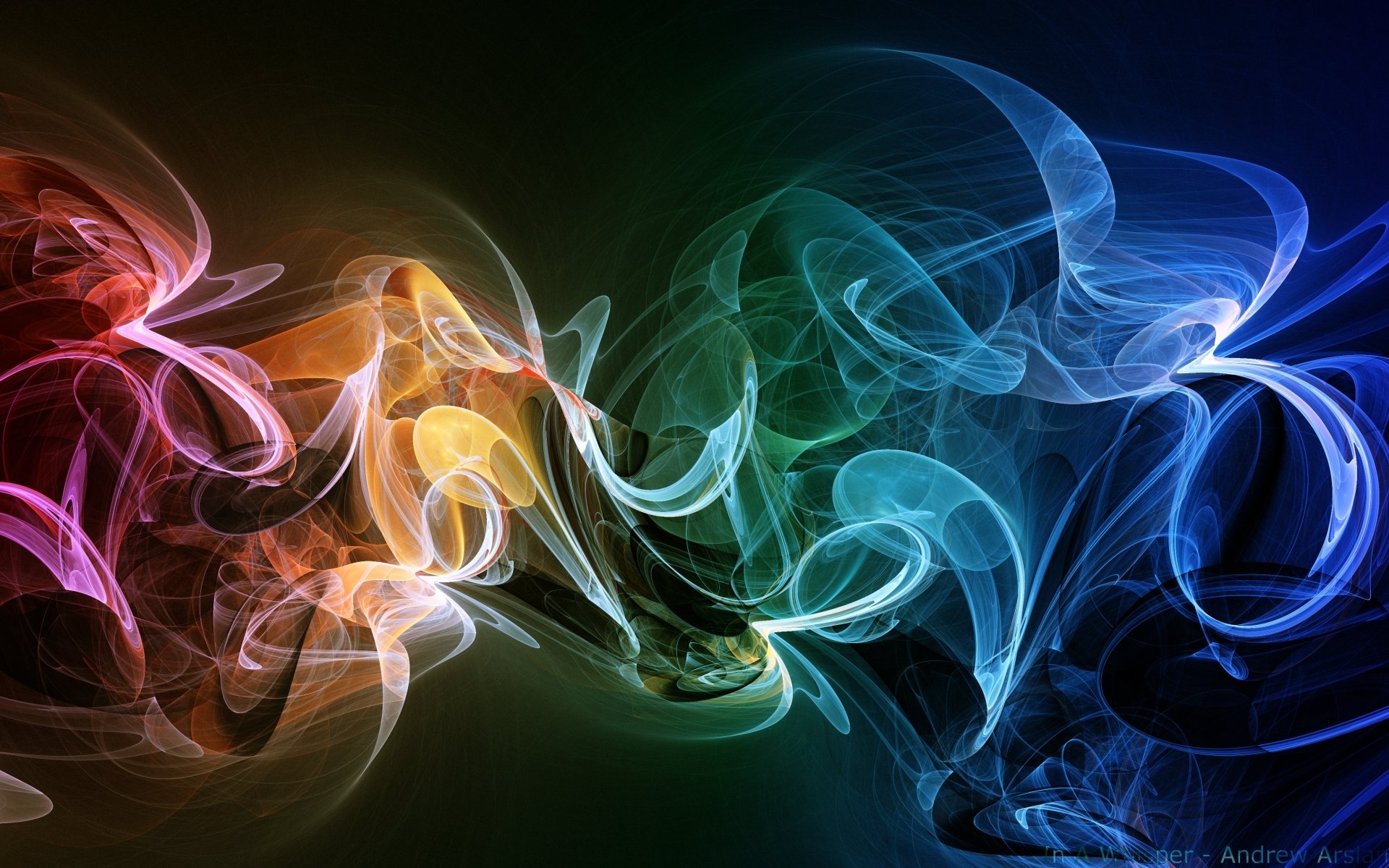 Abstract HD PC desktop wallpaper featuring colorful, swirling smoke patterns and textures in vibrant red, orange, green, and blue hues, creating intricate shapes.