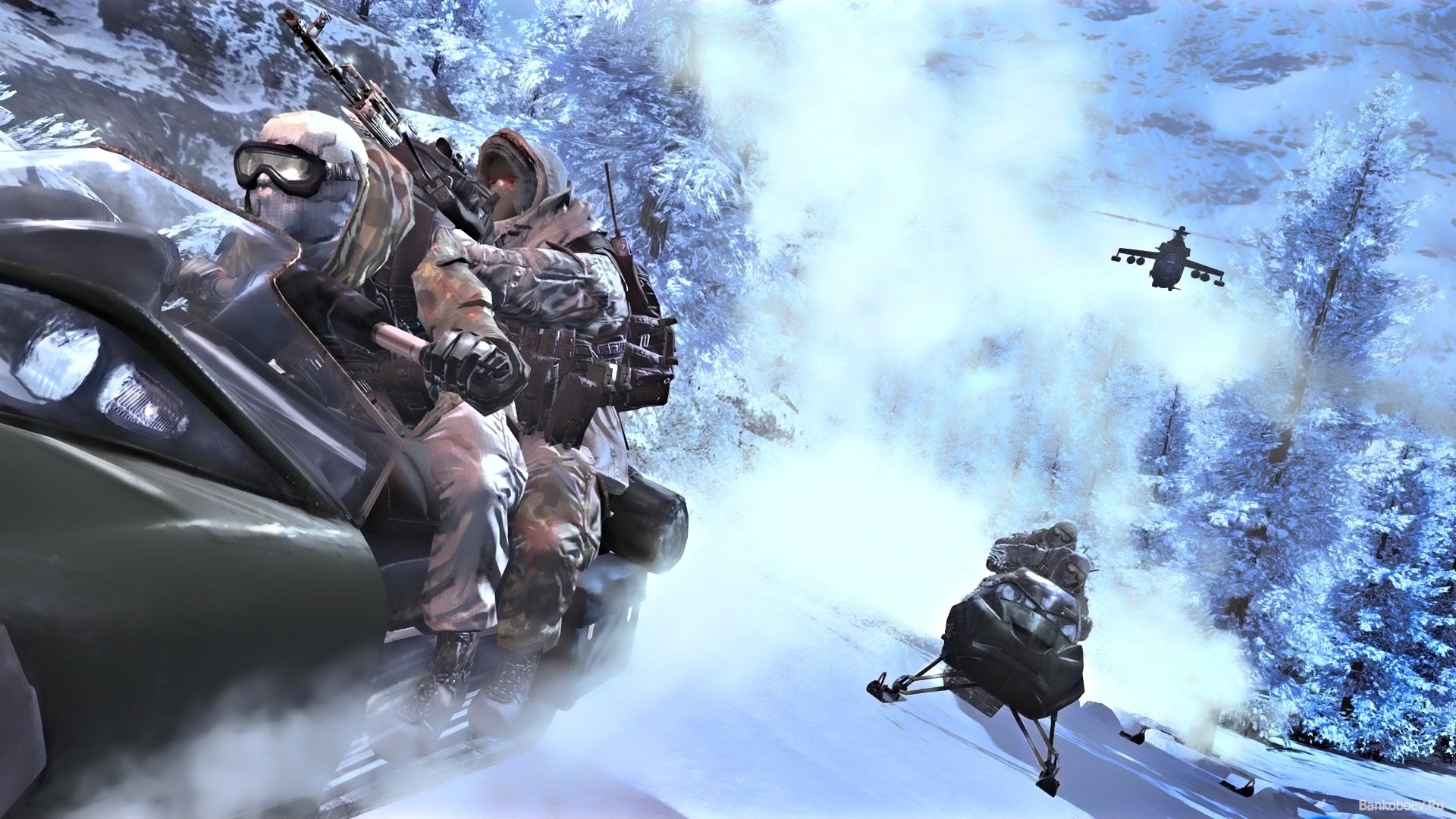 A dynamic HD PC desktop wallpaper featuring intense action from Call of Duty, showcasing soldiers on snowmobiles in a snowy, dramatic landscape.