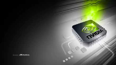 HD PC desktop wallpaper showing a glowing green Nvidia microchip on a metallic circuit board, a sleek technology background with motion lines and the Nvidia logo.
