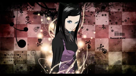 HD PC desktop wallpaper featuring an anime-style character from Ergo Proxy, set against a dark, textured background with glowing effects and skull motifs.