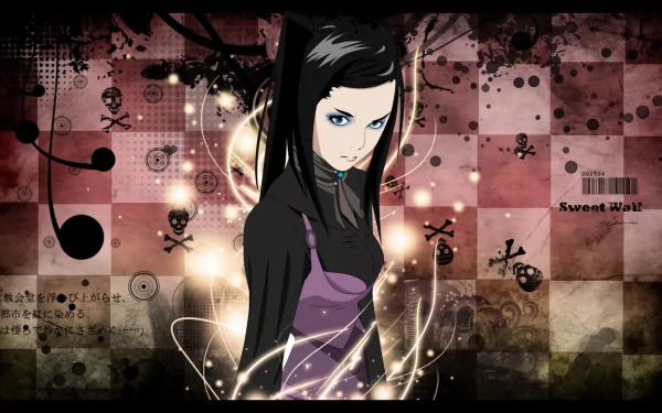 HD PC desktop wallpaper featuring an anime-style character from Ergo Proxy, set against a dark, textured background with glowing effects and skull motifs.