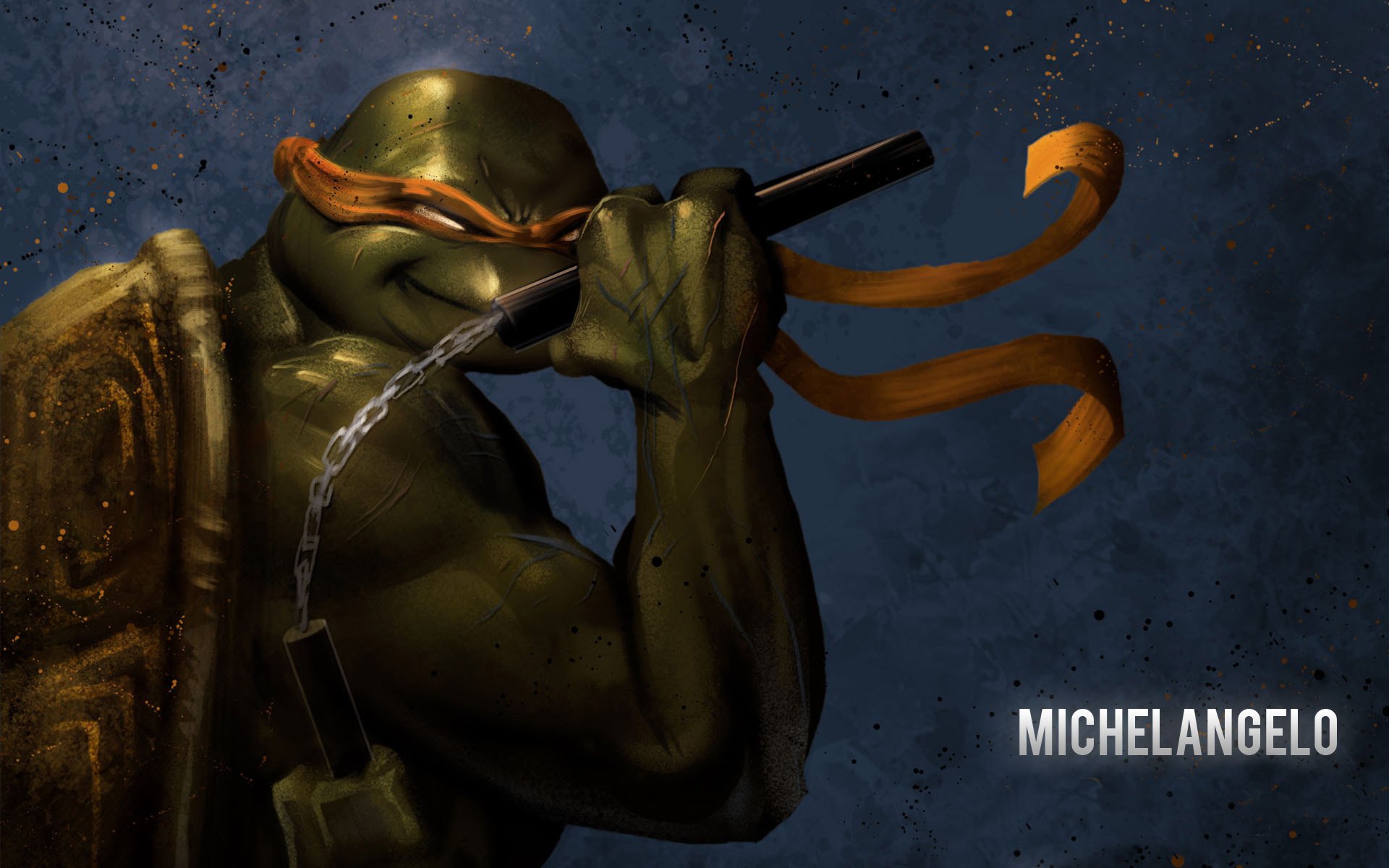 HD PC desktop wallpaper of Michelangelo from Teenage Mutant Ninja Turtles — comic-style close-up of the masked turtle gripping nunchaku, orange bandana trailing against a dark textured background.