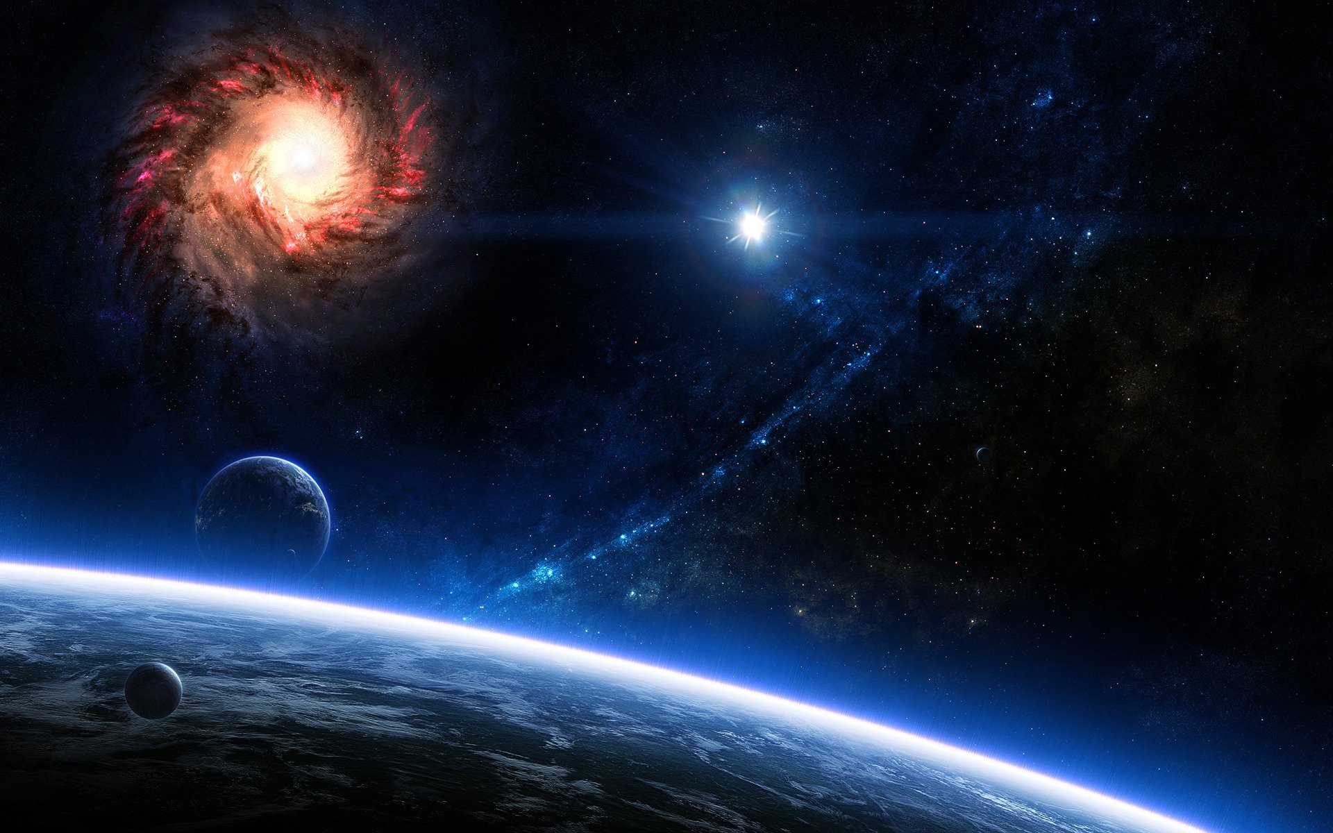 A stunning HD desktop wallpaper depicting a sci-fi space scene, featuring a vibrant galaxy, distant planets, and a glowing star against a dark cosmic backdrop.
