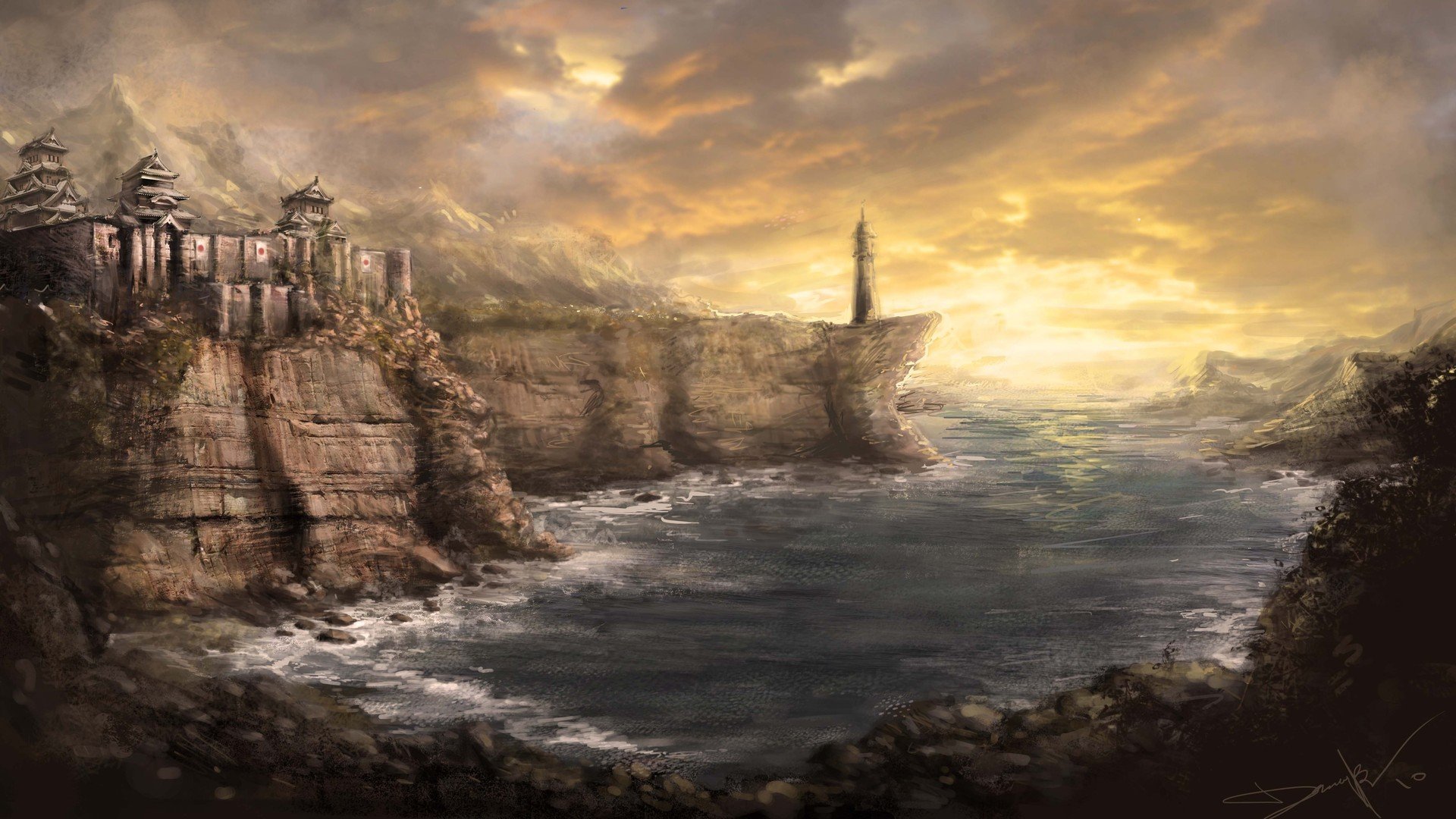 Fantasy-themed artistic HD PC desktop wallpaper depicting a dramatic coastal cliff with ancient ruins and a distant lighthouse under a glowing, cloudy sky at sunset.