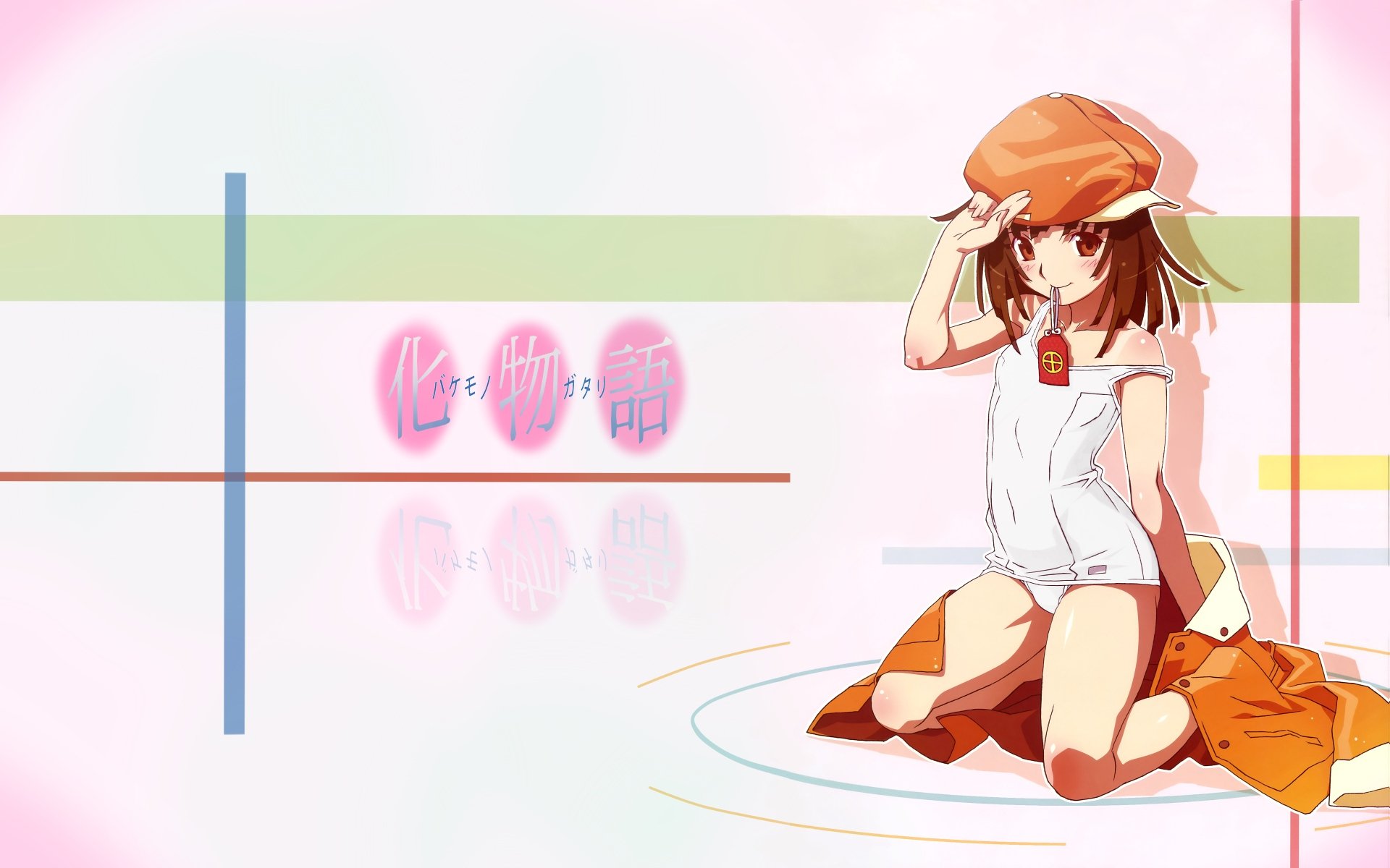HD PC desktop wallpaper featuring Nadeko Sengoku from the Monogatari series, depicted in a soft pastel background with a relaxed pose.