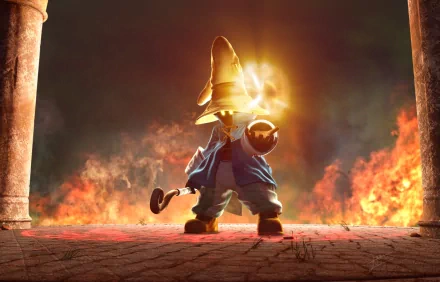 A HD desktop wallpaper featuring the Black Mage from Final Fantasy IX, showcasing the character in a dramatic pose amidst flames and stone columns from the video game.