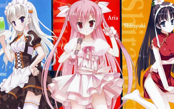 A vibrant HD desktop wallpaper featuring characters Kanzaki H. Aria and Hotogi Shirayuki from Aria the Scarlet Ammo, showcasing their unique styles and personalities.