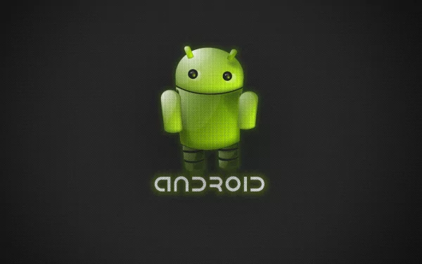 HD PC desktop wallpaper of the green Android robot mascot centered on a dark textured background with 'ANDROID' text below; technology theme.