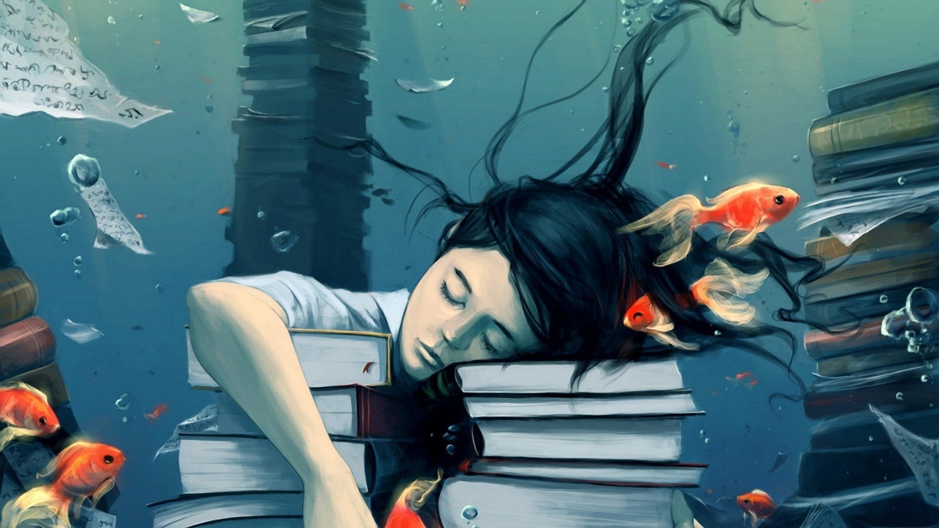 A woman sleeps on a stack of books underwater, surrounded by colorful fish, creating an artistic and serene atmosphere. An HD wallpaper capturing a whimsical underwater scene.