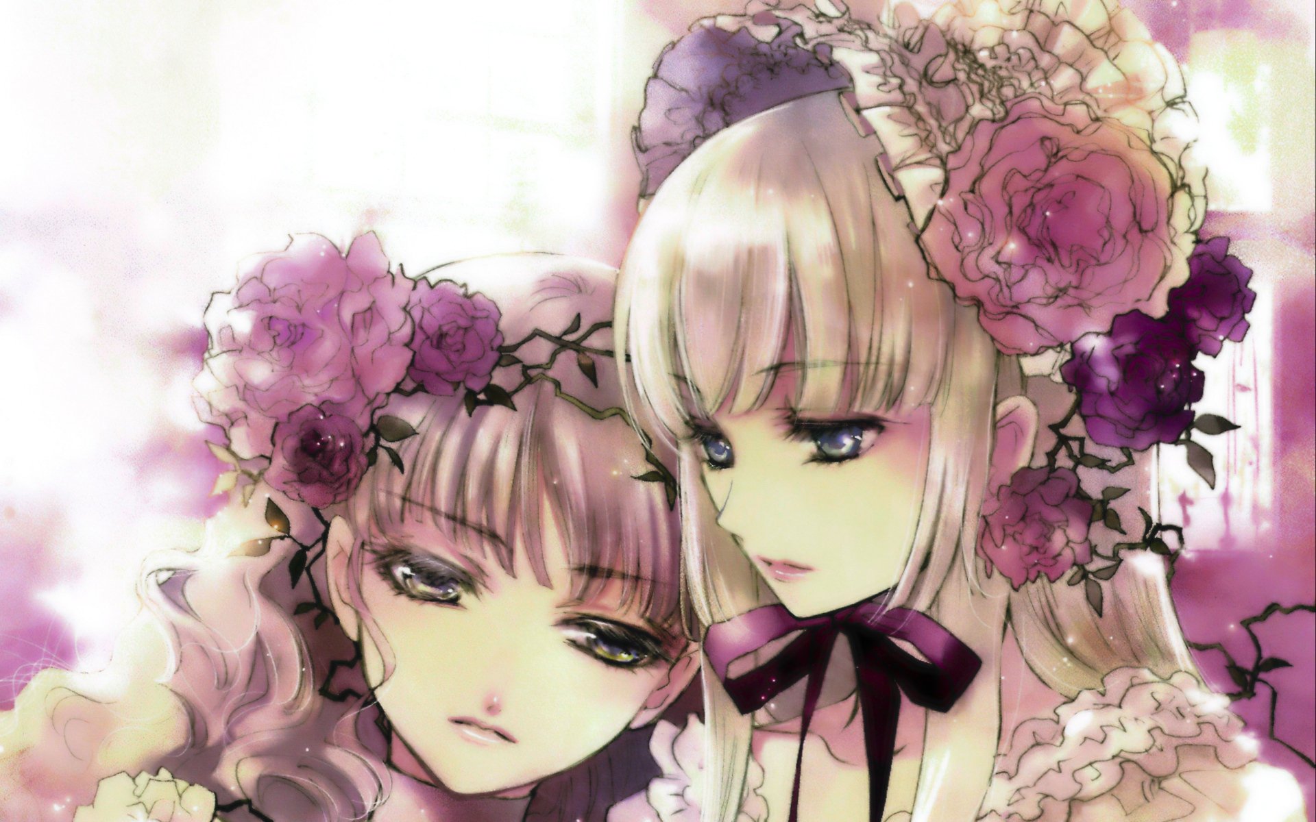 Original Gothic Anime PC desktop wallpaper: two Gothic Lolita girls with lace headdresses, ribbon chokers and rose flower crowns in soft purple-pink hues.