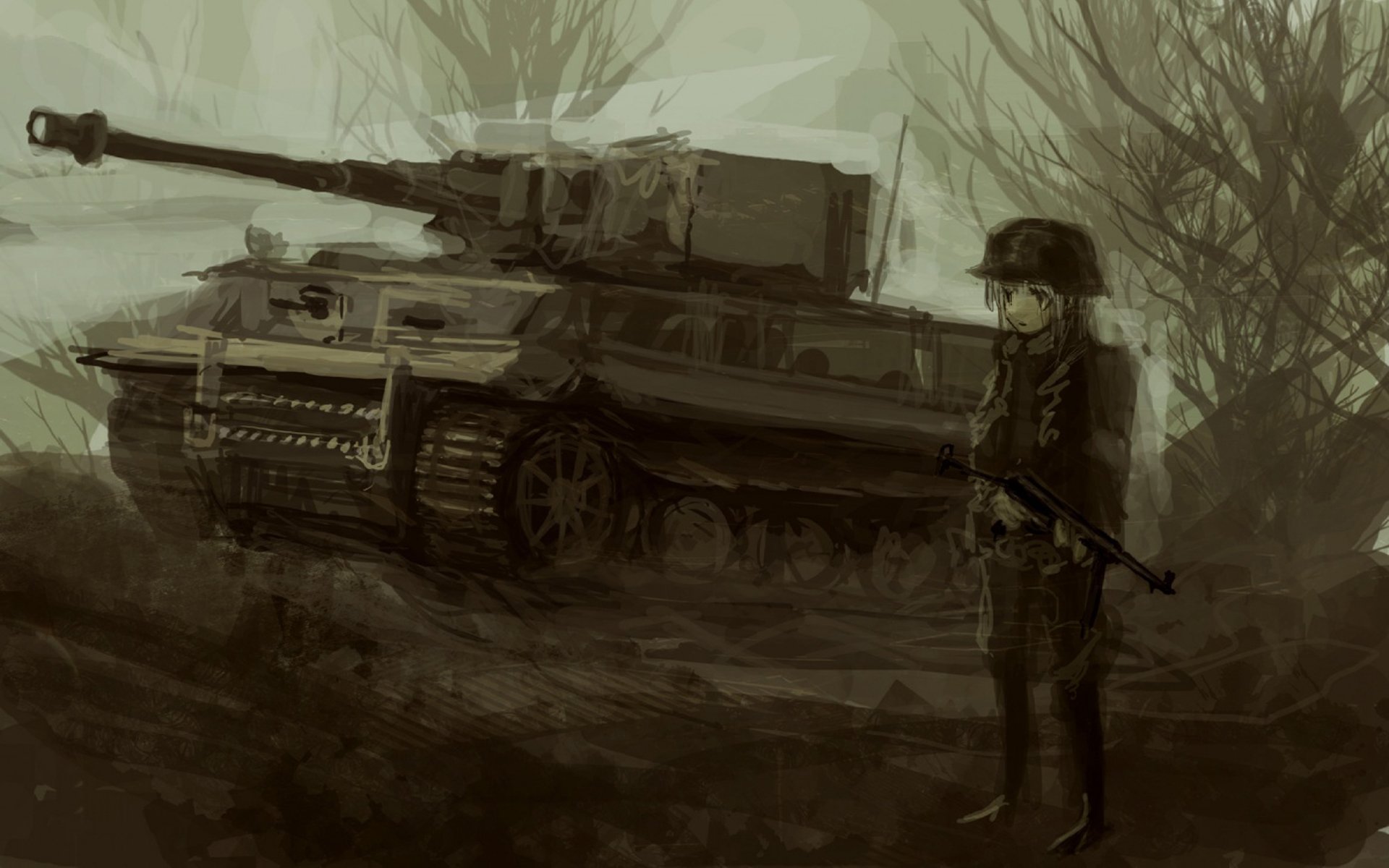 Anime-style military scene featuring a soldier standing beside a tank in a muted, foggy battlefield. HD PC desktop wallpaper.