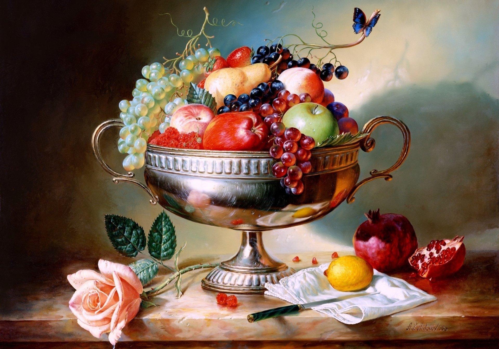 A vibrant still life featuring a silver bowl overflowing with fruit, a delicate rose, a butterfly, and a knife, creating a rich artistic wallpaper for your desktop.