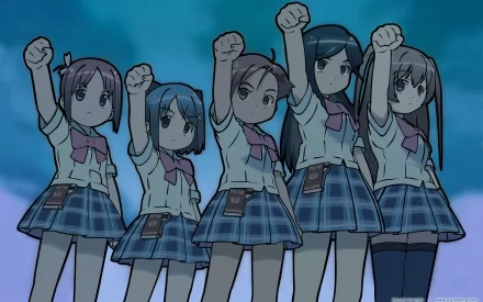 HD PC wallpaper of Inamori Mika, Odori Momoha, Uehara Mutsuki, Amamiya Manami and Etoh Mei from Gakuen Utopia Manabi Straight! Five schoolgirls in uniform raise their fists.