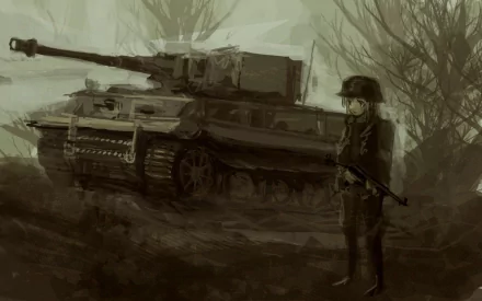 Anime-style military scene featuring a soldier standing beside a tank in a muted, foggy battlefield. HD PC desktop wallpaper.
