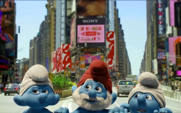 HD desktop wallpaper featuring characters from The Smurfs movie in Times Square, with vibrant advertisements in the background.