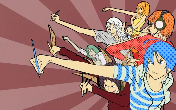 Dynamic anime characters from Bakuman energetically draw together, showcasing creativity and collaboration. This HD wallpaper features vibrant colors and bold action lines for an engaging background.