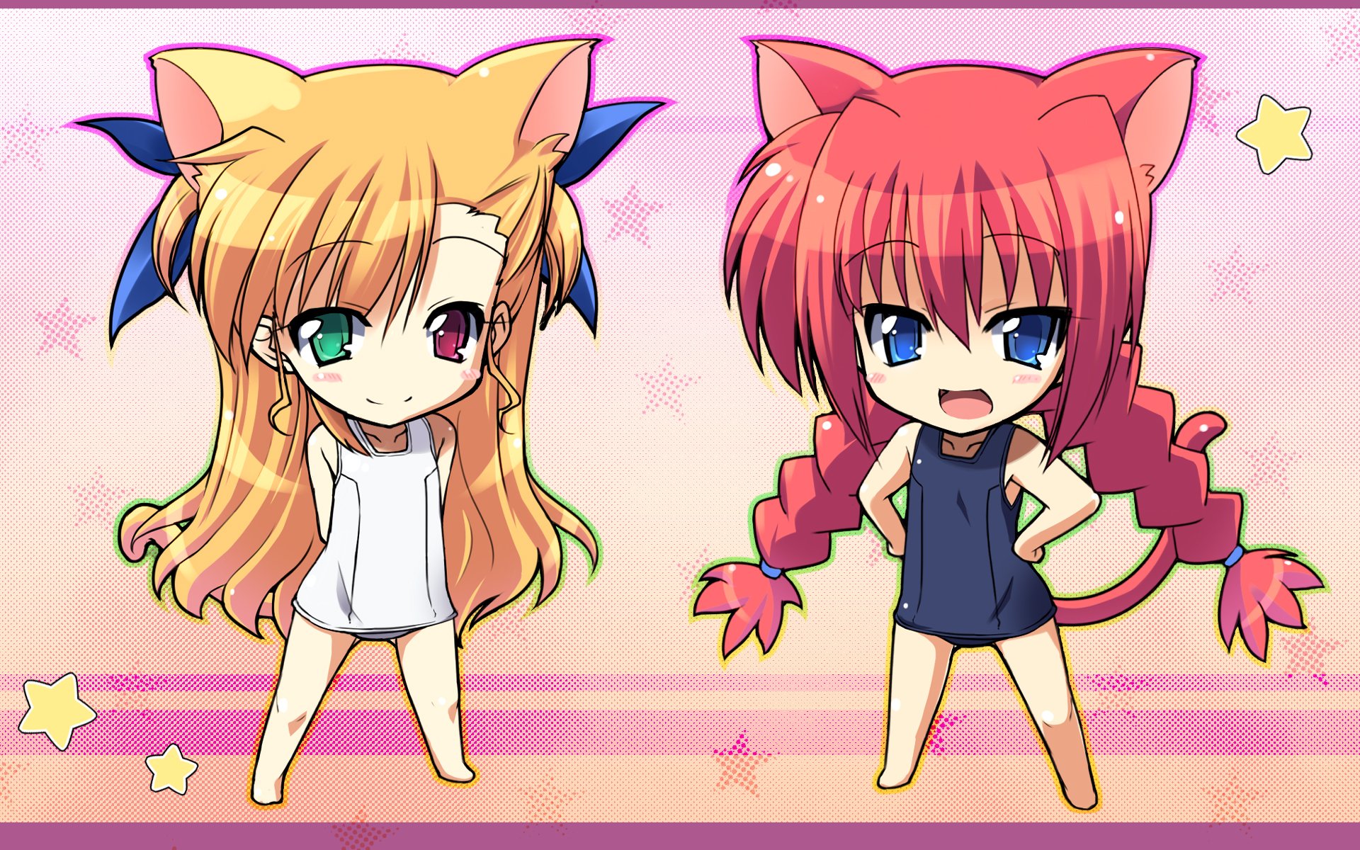 Chibi-style Magical Girl Lyrical Nanoha anime HD PC desktop wallpaper: two cat-eared girls in simple swimsuits pose against a pink, starry striped background.