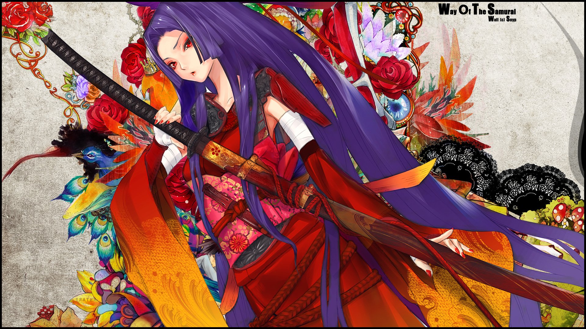Anime-style original artwork of a purple-haired warrior woman in red robes holding a sword, set against a vibrant floral and decorative background, HD PC desktop wallpaper.