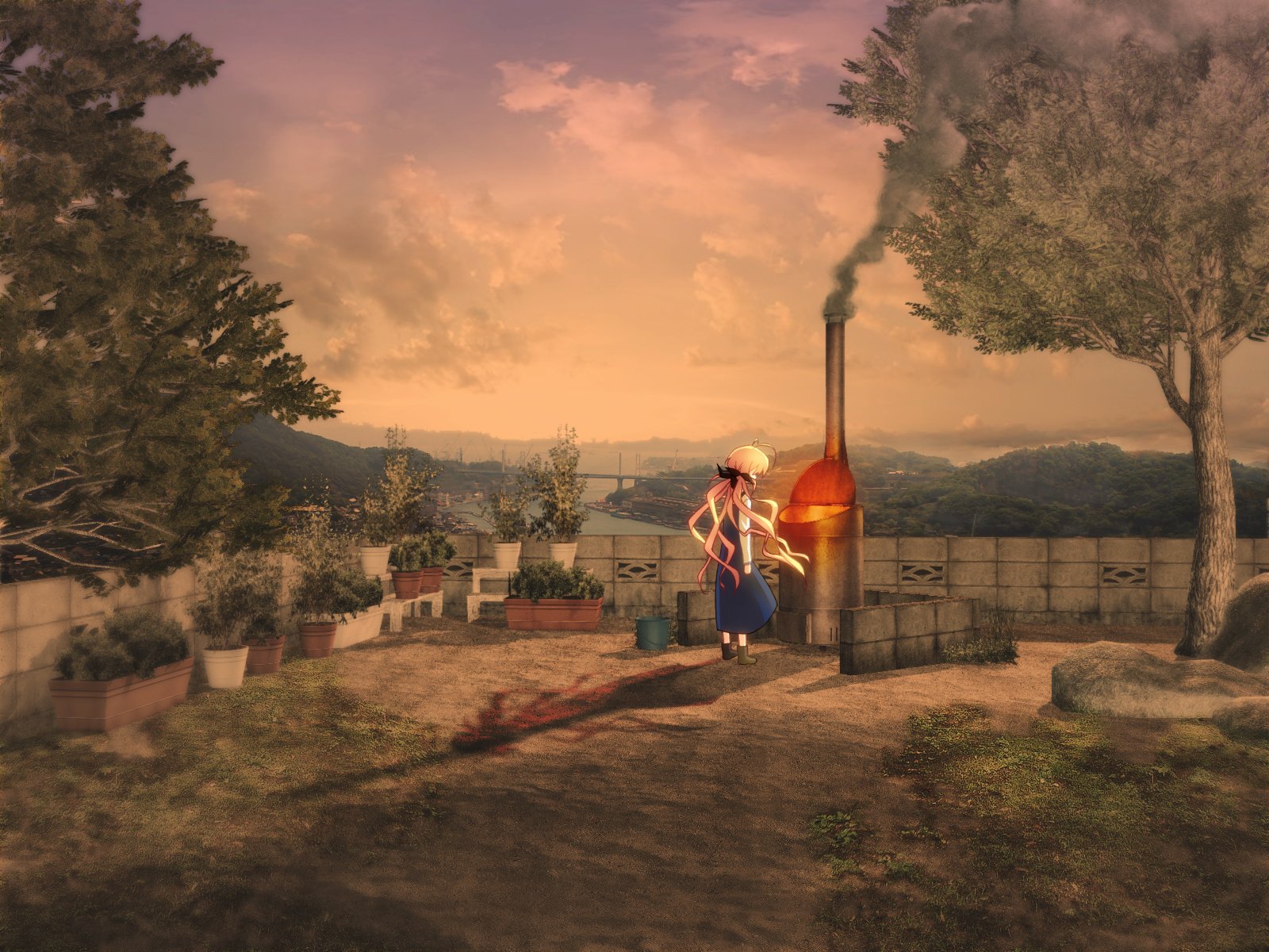 HD anime desktop wallpaper featuring Orihara Kozue from Chaos;Head standing near a glowing furnace outdoors during a serene sunset.