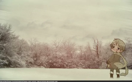 HD PC desktop wallpaper featuring a snowy landscape with bare trees and an anime character from Hetalia Axis Powers sitting on the snowy ground.