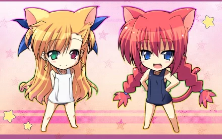 Chibi-style Magical Girl Lyrical Nanoha anime HD PC desktop wallpaper: two cat-eared girls in simple swimsuits pose against a pink, starry striped background.