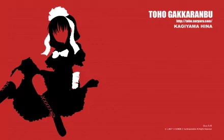 Silhouette of Hina Kagiyama from Touhou against a red background, designed as an HD PC desktop wallpaper.