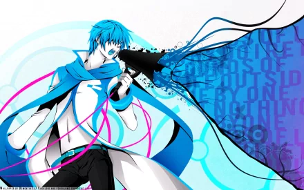HD PC desktop wallpaper: Kaito (Vocaloid) from Love is War — blue-haired anime Vocaloid in a flowing coat with ribbon-like cables and abstract text and color splashes.