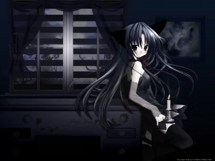 Anime character with dark hair and cat ears holding a candle in a dimly lit room, with a window and night sky visible in the background. High definition wallpaper and background tagged with pure pure.