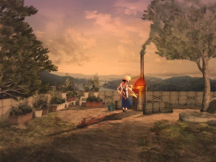 HD anime desktop wallpaper featuring Orihara Kozue from Chaos;Head standing near a glowing furnace outdoors during a serene sunset.