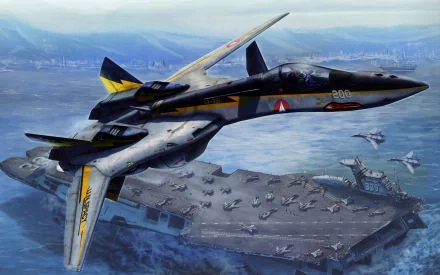 HD anime wallpaper featuring the VF-19 Excalibur airplane from Macross soaring above an aircraft carrier and ocean backdrop.