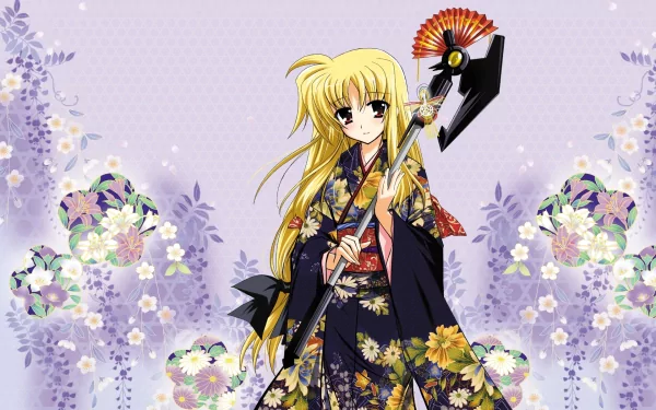 HD anime desktop wallpaper featuring a Magical Girl Lyrical Nanoha character in a detailed floral kimono holding a large weapon, set against a soft lavender floral background.