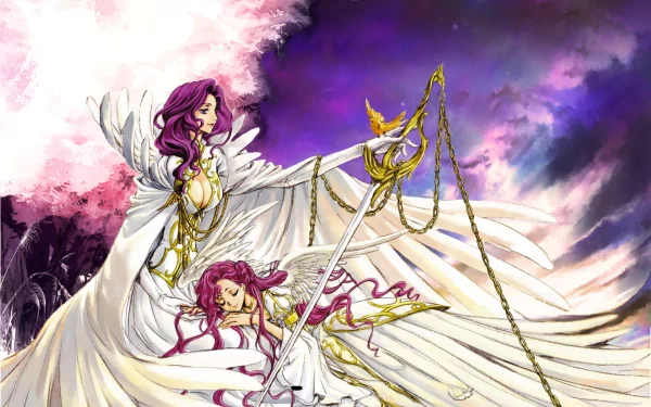 A stunning HD wallpaper featuring Cornelia Li Britannia and Euphemia Li Britannia from Code Geass, depicted in ethereal white attire against a colorful backdrop.