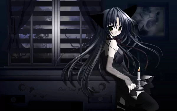 Anime character with dark hair and cat ears holding a candle in a dimly lit room, with a window and night sky visible in the background. High definition wallpaper and background tagged with pure pure.
