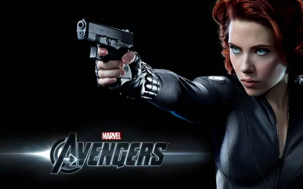 HD wallpaper featuring Natasha Romanoff (Black Widow) from The Avengers movie, portrayed by Scarlett Johansson. She is aiming a pistol with a determined expression, displaying her red hair and green eyes against a dark background.