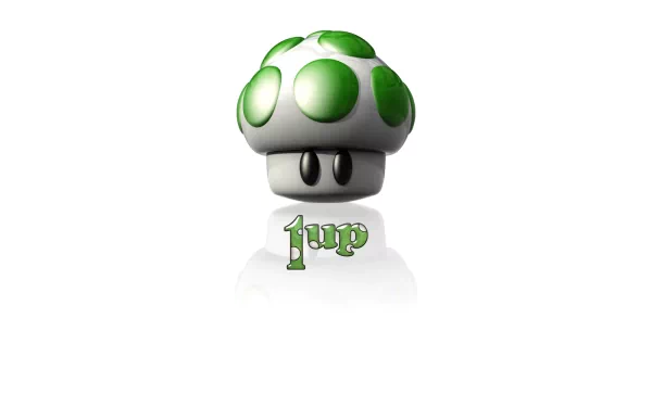 A vibrant HD wallpaper featuring the iconic green 1-Up Mushroom from the Super Mario video game series, highlighted against a clean background.
