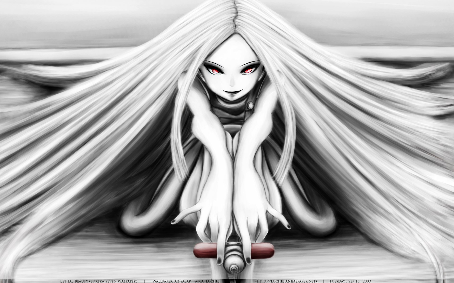 Black-and-white HD anime wallpaper of a character from Eureka Seven with long flowing hair and intense red eyes, set against a dynamic background.