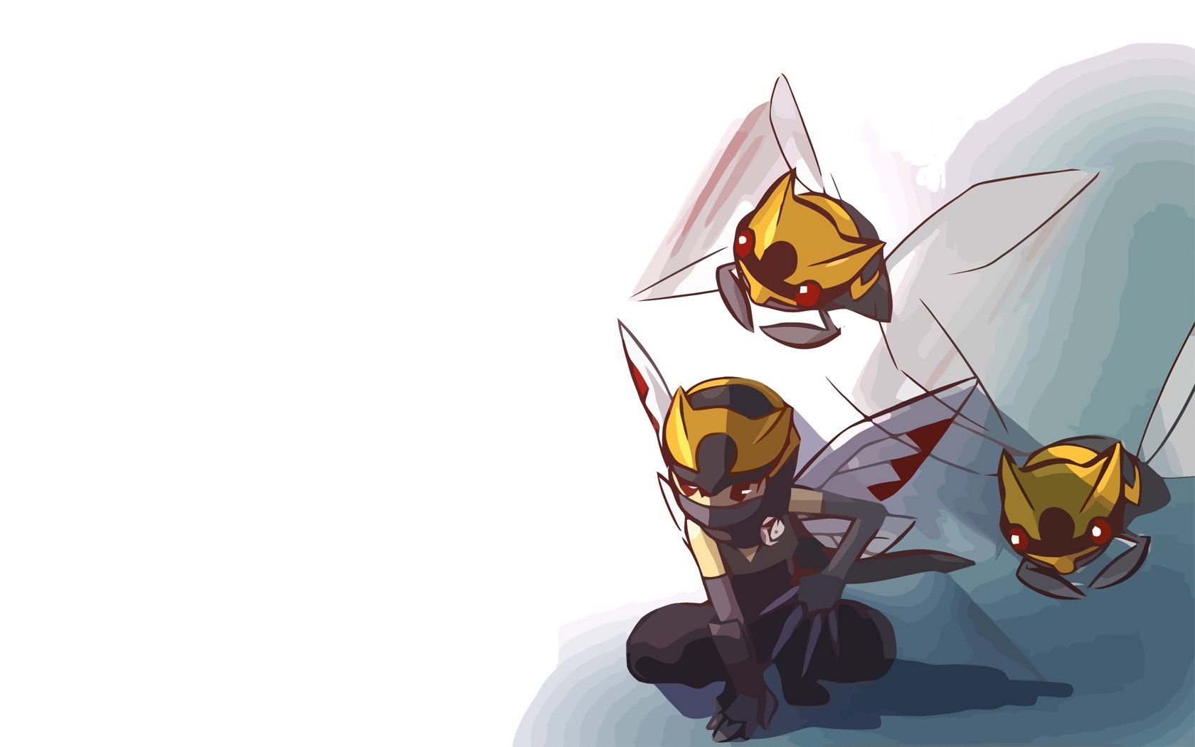 Ninjask, a bug Pokémon, is depicted in this vibrant HD anime wallpaper, showcasing its stealthy character alongside two smaller, flying bug Pokémon.