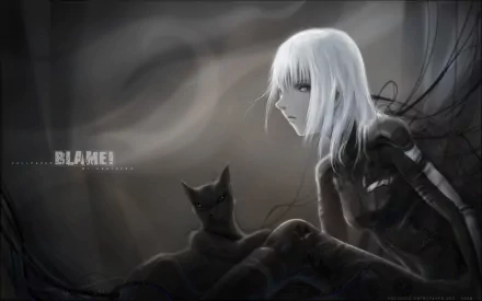 Anime Blame! 2K Quad HD PC desktop wallpaper: pale white‑haired character in a dark, cable‑tangled industrial scene with a black cat, moody monochrome tones.