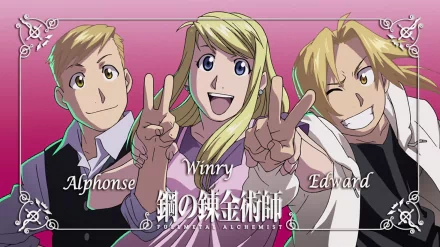 A vibrant HD wallpaper featuring Winry Rockbell, Alphonse Elric, and Edward Elric from the anime Fullmetal Alchemist, showcasing their cheerful expressions and iconic poses.