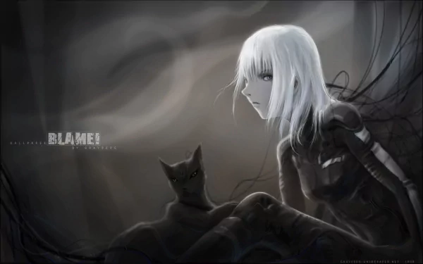 Anime Blame! 2K Quad HD PC desktop wallpaper: pale white‑haired character in a dark, cable‑tangled industrial scene with a black cat, moody monochrome tones.