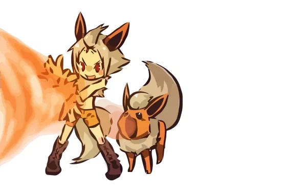 A vibrant HD desktop wallpaper featuring Flareon from the Pokémon series alongside a cute Eevee. The anime-style artwork showcases dynamic fire elements and playful character design.
