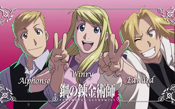 A vibrant HD wallpaper featuring Winry Rockbell, Alphonse Elric, and Edward Elric from the anime Fullmetal Alchemist, showcasing their cheerful expressions and iconic poses.