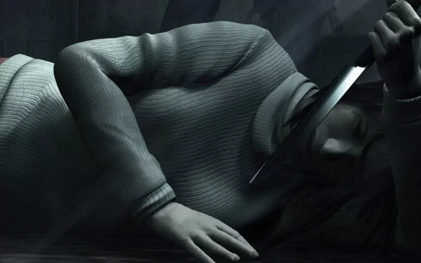 Silent Hill (video game) HD PC desktop wallpaper: a dim, eerie scene of a hooded figure collapsed on the floor clutching a knife.