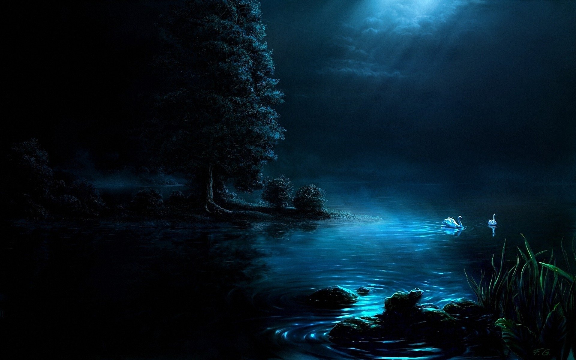 A serene, artistic HD desktop wallpaper featuring a tranquil dark lake illuminated by moonlight, with a silhouette of a tree and swans gliding across the water.
