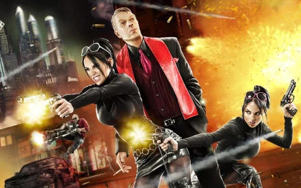 HD PC desktop wallpaper featuring intense action from the video game Saints Row: The Third, showcasing characters with guns against a fiery urban backdrop.