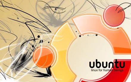 HD PC desktop wallpaper: abstract beige and orange technology background featuring the Ubuntu logo and ubuntu linux for human beings tagline, circular orange glyphs and black ink strokes.
