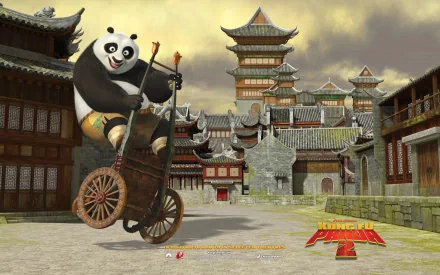 A vibrant HD wallpaper featuring Po from Kung Fu Panda, energetically riding a bike through a traditional Asian-inspired village backdrop.