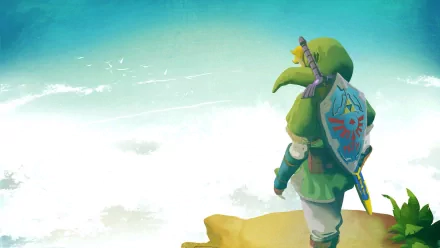 HD desktop wallpaper featuring Link from The Legend of Zelda: Skyward Sword standing on a cliff, overlooking a bright, expansive sky.